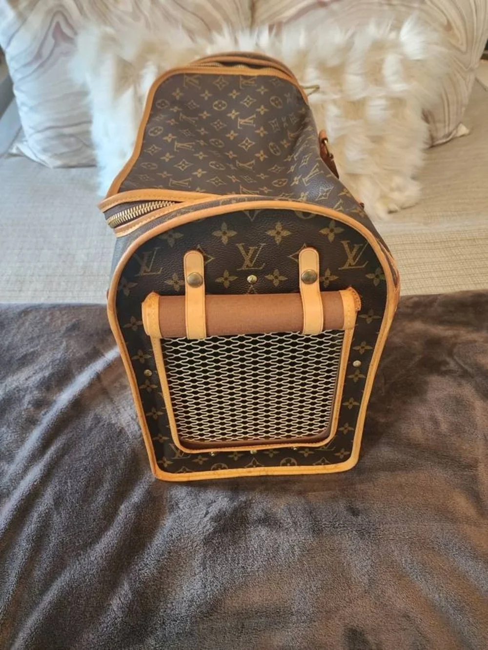 Louis Vuitton Brown Monogram Pet Carrier with Tan Trim